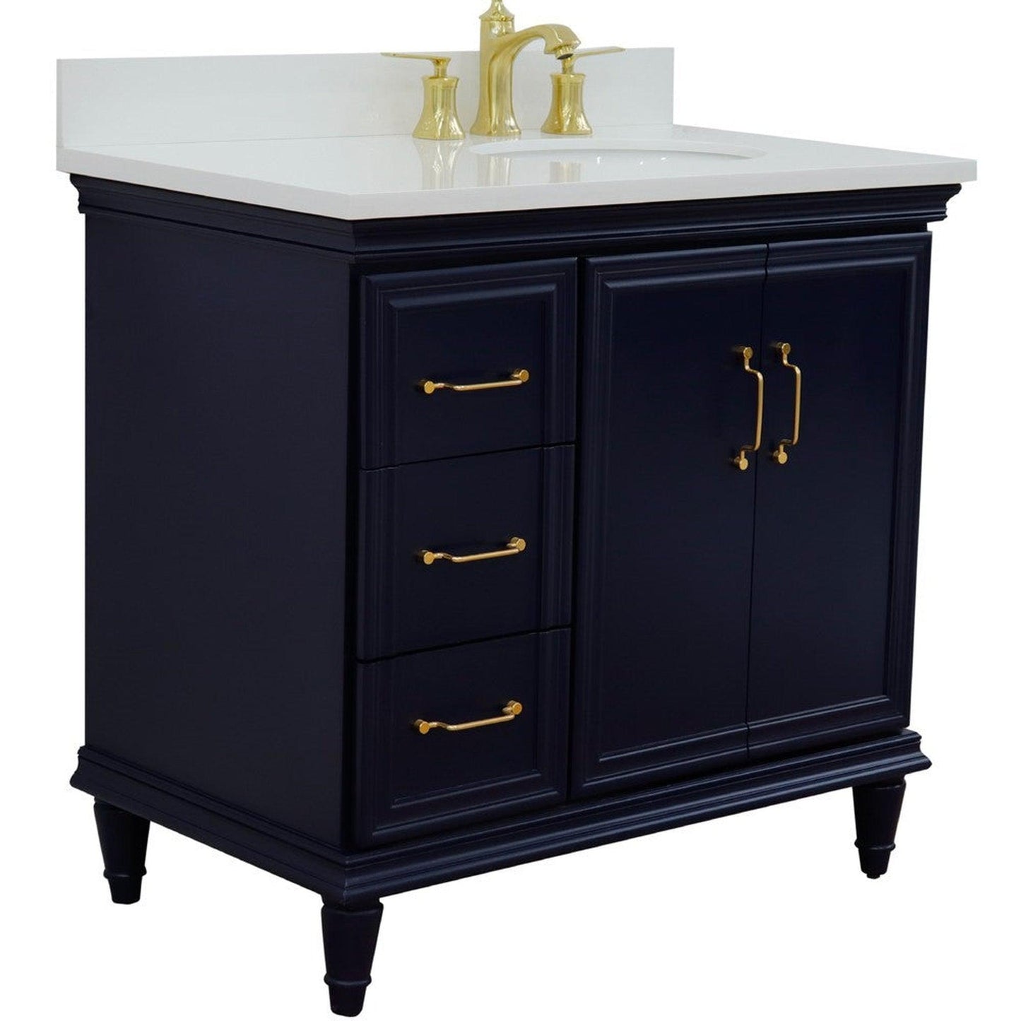 Bellaterra Home Forli 37" 2-Door 3-Drawer Blue Freestanding Vanity Set With Ceramic Right Offset Undermount Oval Sink and White Quartz Top, and Right Door Cabinet