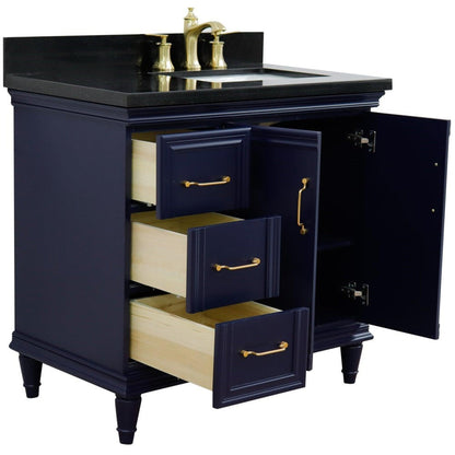 Bellaterra Home Forli 37" 2-Door 3-Drawer Blue Freestanding Vanity Set With Ceramic Right Offset Undermount Rectangular Sink and Black Galaxy Granite Top, and Right Door Cabinet