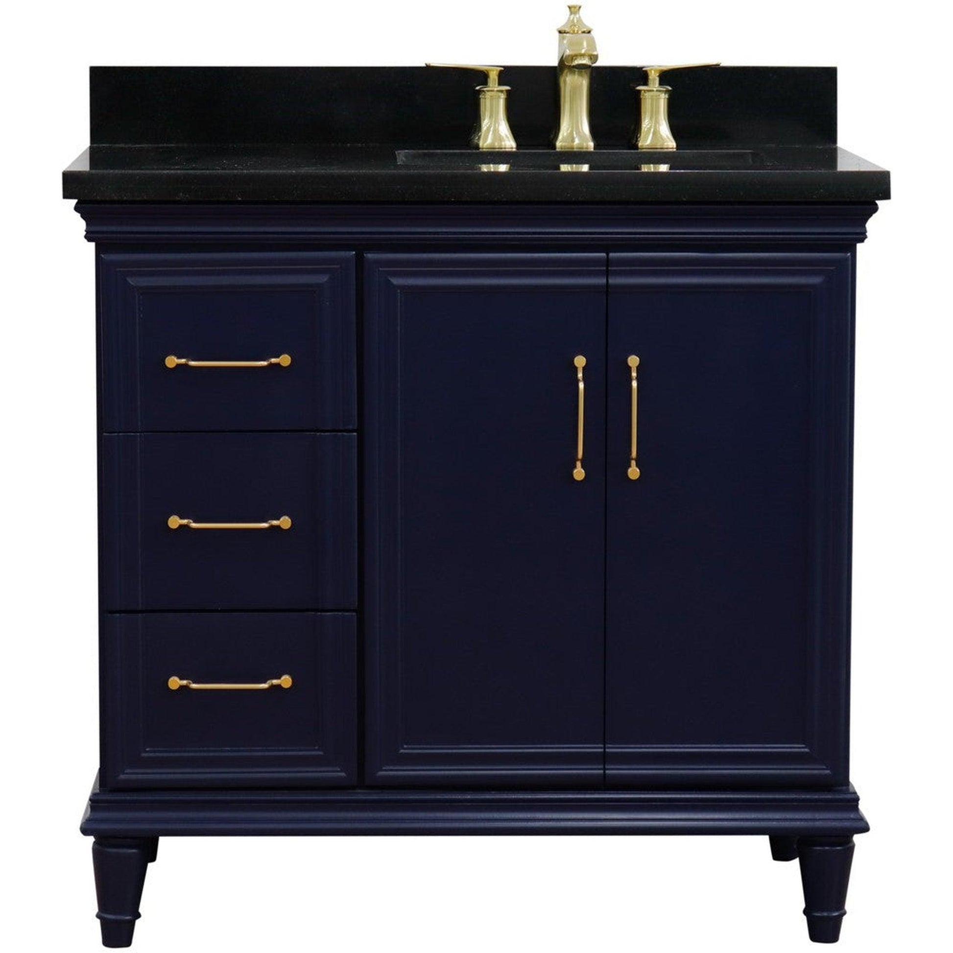 Bellaterra Home Forli 37" 2-Door 3-Drawer Blue Freestanding Vanity Set With Ceramic Right Offset Undermount Rectangular Sink and Black Galaxy Granite Top, and Right Door Cabinet