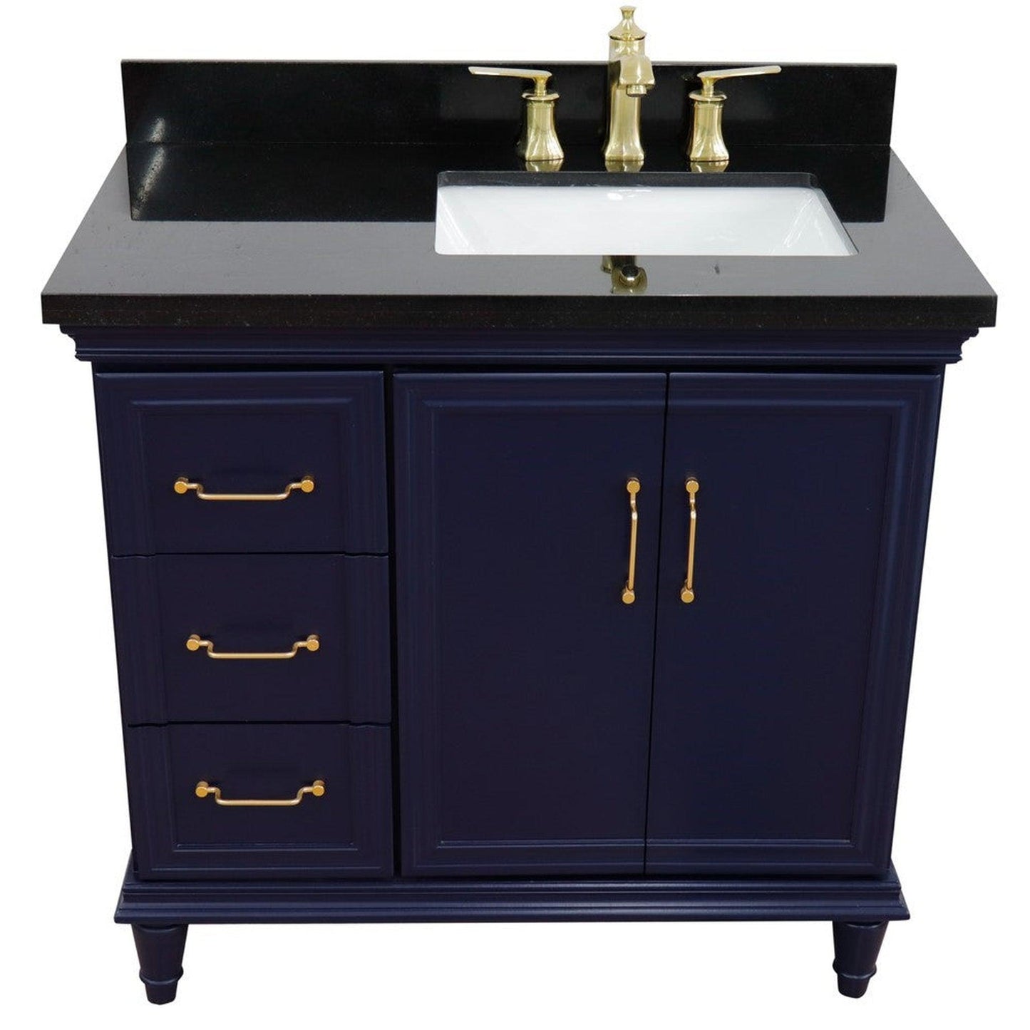 Bellaterra Home Forli 37" 2-Door 3-Drawer Blue Freestanding Vanity Set With Ceramic Right Offset Undermount Rectangular Sink and Black Galaxy Granite Top, and Right Door Cabinet