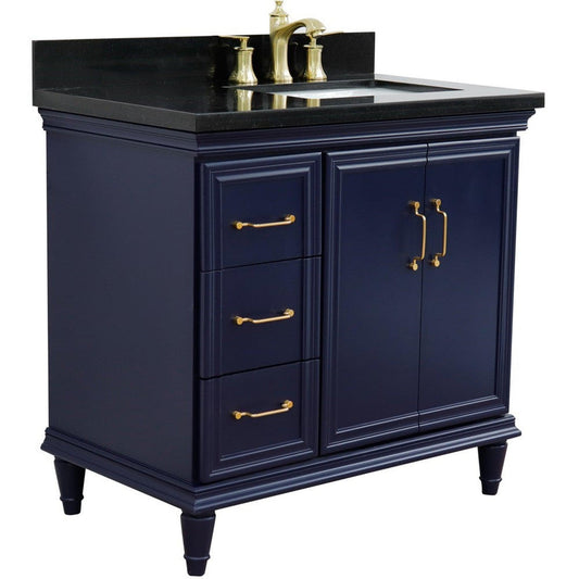 Bellaterra Home Forli 37" 2-Door 3-Drawer Blue Freestanding Vanity Set With Ceramic Right Offset Undermount Rectangular Sink and Black Galaxy Granite Top, and Right Door Cabinet