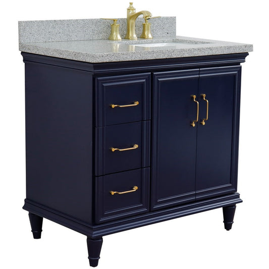 Bellaterra Home Forli 37" 2-Door 3-Drawer Blue Freestanding Vanity Set With Ceramic Right Offset Undermount Rectangular Sink and Gray Granite Top, and Right Door Cabinet