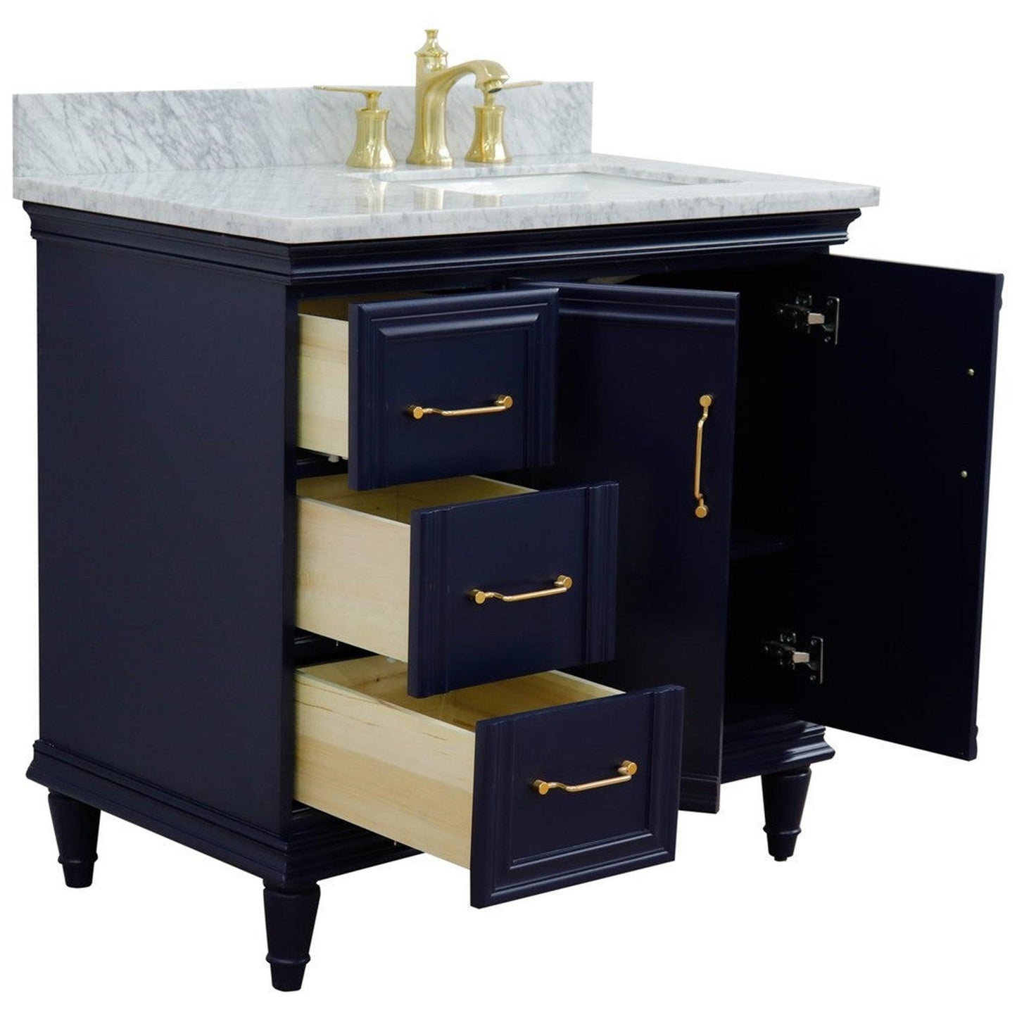 Bellaterra Home Forli 37" 2-Door 3-Drawer Blue Freestanding Vanity Set With Ceramic Right Offset Undermount Rectangular Sink and White Carrara Marble Top, and Right Door Cabinet