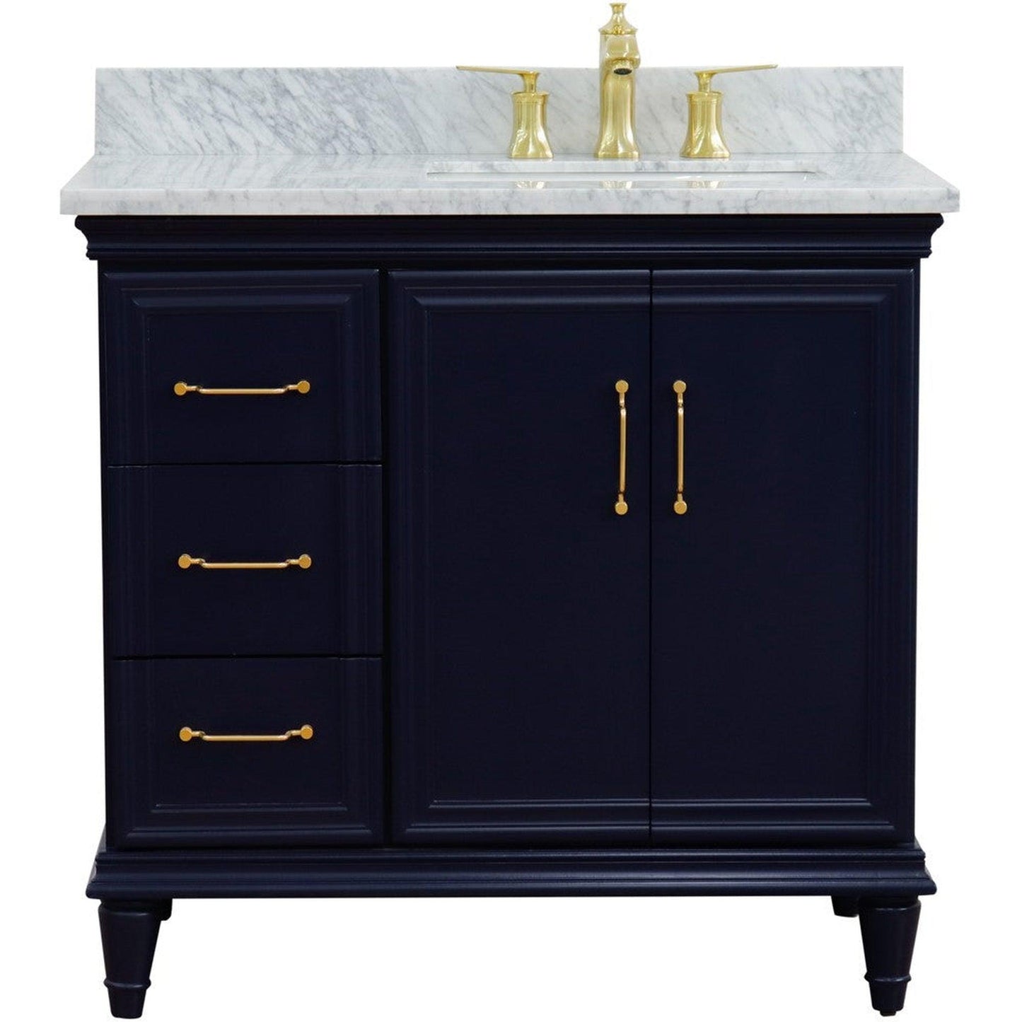 Bellaterra Home Forli 37" 2-Door 3-Drawer Blue Freestanding Vanity Set With Ceramic Right Offset Undermount Rectangular Sink and White Carrara Marble Top, and Right Door Cabinet