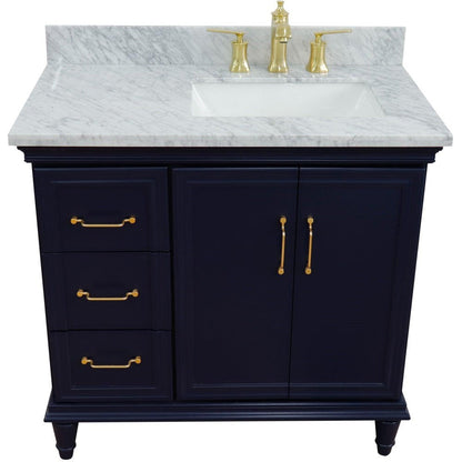 Bellaterra Home Forli 37" 2-Door 3-Drawer Blue Freestanding Vanity Set With Ceramic Right Offset Undermount Rectangular Sink and White Carrara Marble Top, and Right Door Cabinet