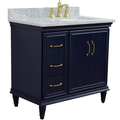 Bellaterra Home Forli 37" 2-Door 3-Drawer Blue Freestanding Vanity Set With Ceramic Right Offset Undermount Rectangular Sink and White Carrara Marble Top, and Right Door Cabinet
