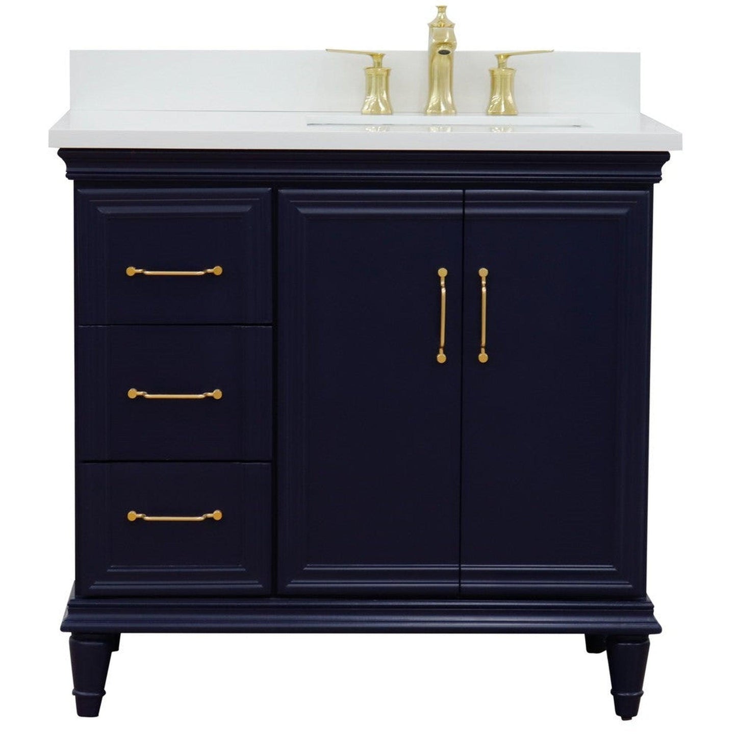 Bellaterra Home Forli 37" 2-Door 3-Drawer Blue Freestanding Vanity Set With Ceramic Right Offset Undermount Rectangular Sink and White Quartz Top, and Right Door Cabinet