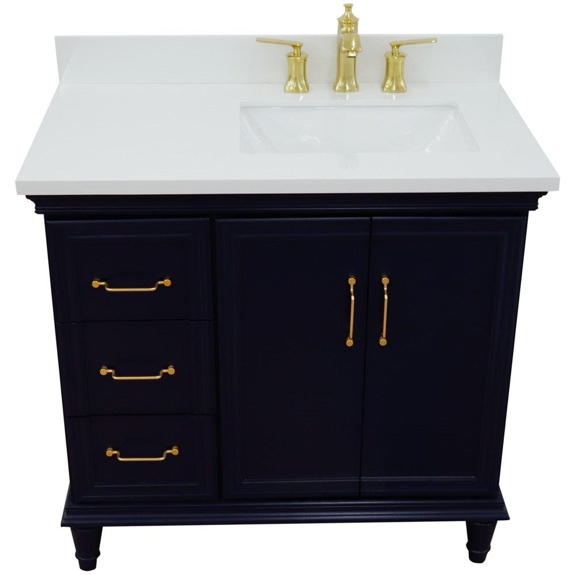 Bellaterra Home Forli 37" 2-Door 3-Drawer Blue Freestanding Vanity Set With Ceramic Right Offset Undermount Rectangular Sink and White Quartz Top, and Right Door Cabinet