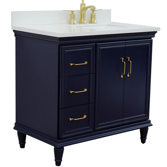 Bellaterra Home Forli 37" 2-Door 3-Drawer Blue Freestanding Vanity Set With Ceramic Right Offset Undermount Rectangular Sink and White Quartz Top, and Right Door Cabinet