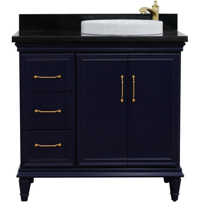 Bellaterra Home Forli 37" 2-Door 3-Drawer Blue Freestanding Vanity Set With Ceramic Right Offset Vessel Sink and Black Galaxy Granite Top, and Right Door Cabinet