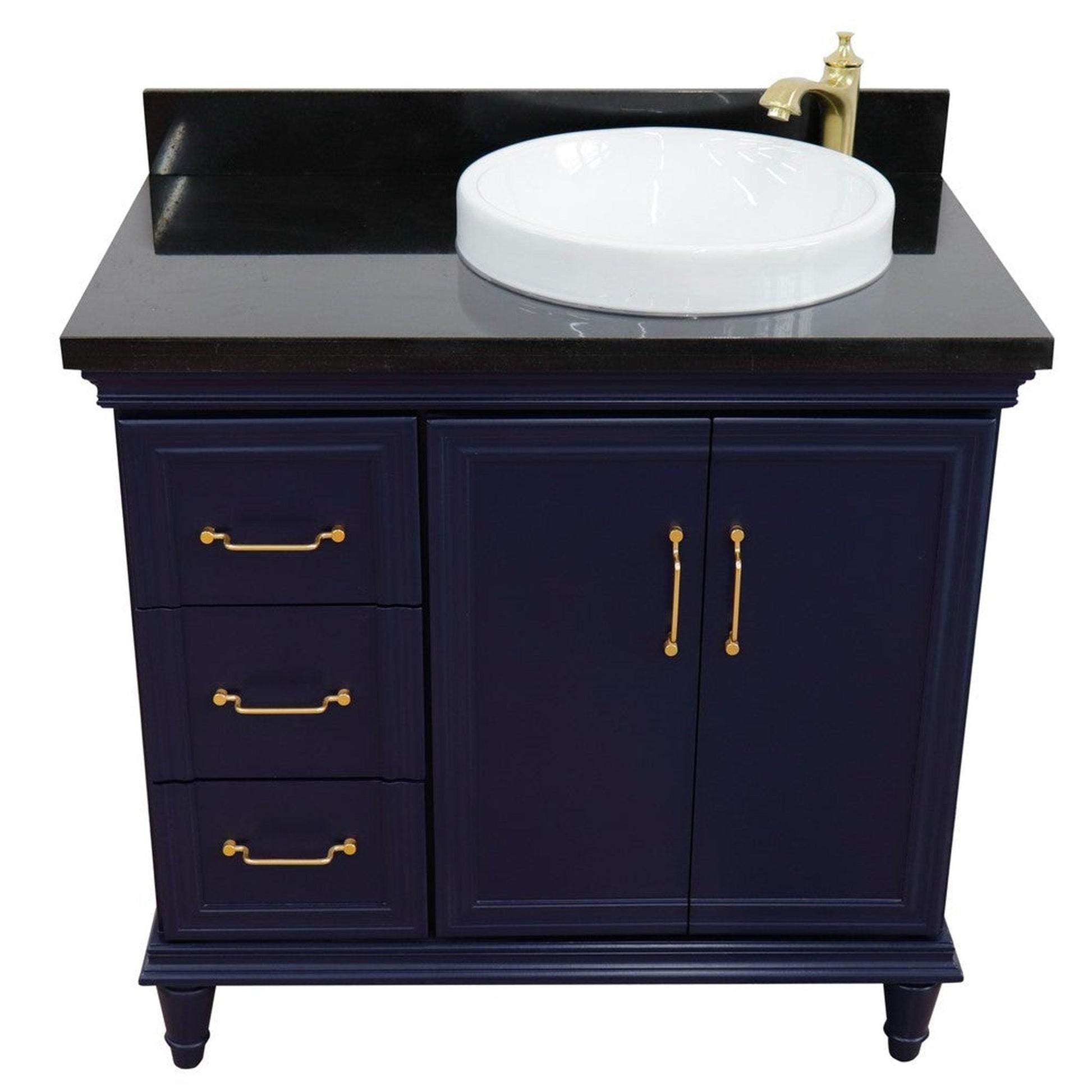 Bellaterra Home Forli 37" 2-Door 3-Drawer Blue Freestanding Vanity Set With Ceramic Right Offset Vessel Sink and Black Galaxy Granite Top, and Right Door Cabinet