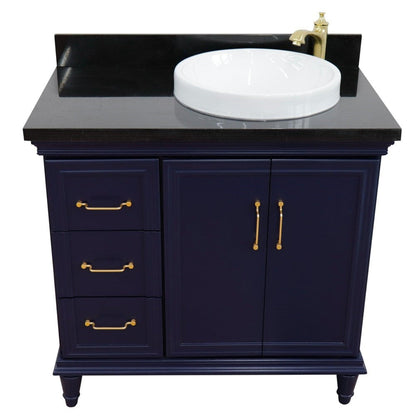 Bellaterra Home Forli 37" 2-Door 3-Drawer Blue Freestanding Vanity Set With Ceramic Right Offset Vessel Sink and Black Galaxy Granite Top, and Right Door Cabinet