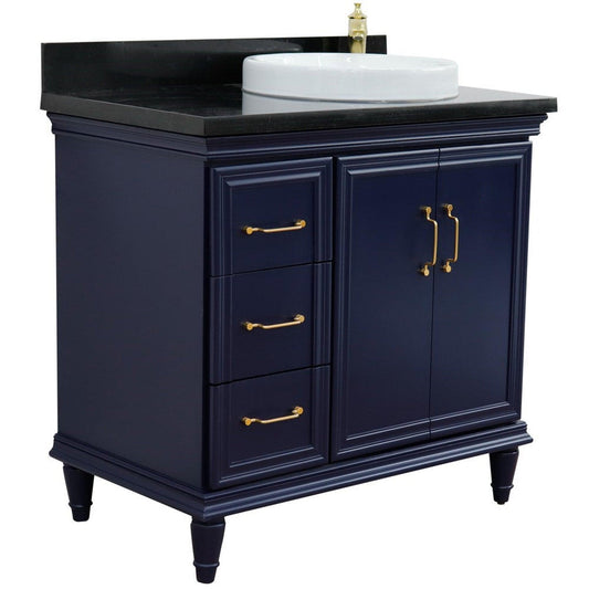 Bellaterra Home Forli 37" 2-Door 3-Drawer Blue Freestanding Vanity Set With Ceramic Right Offset Vessel Sink and Black Galaxy Granite Top, and Right Door Cabinet