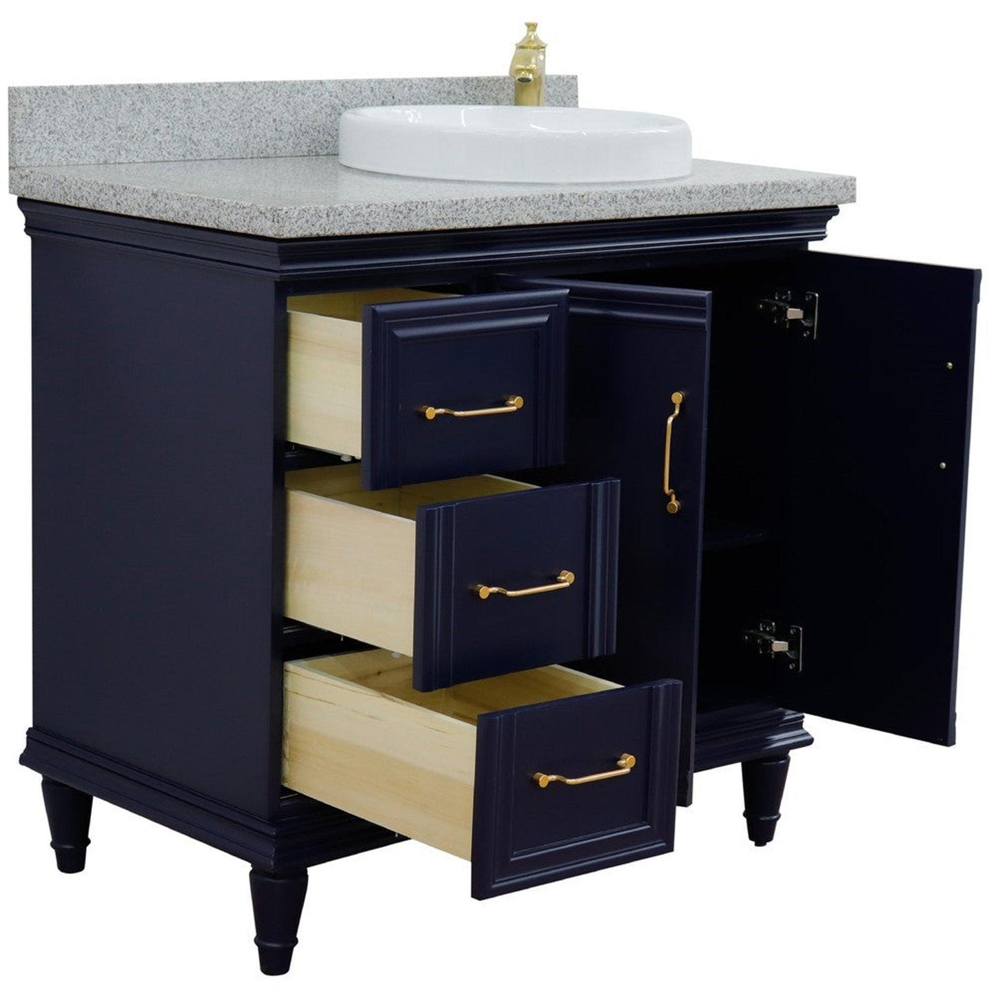 Bellaterra Home Forli 37" 2-Door 3-Drawer Blue Freestanding Vanity Set With Ceramic Right Offset Vessel Sink and Gray Granite Top, and Right Door Cabinet