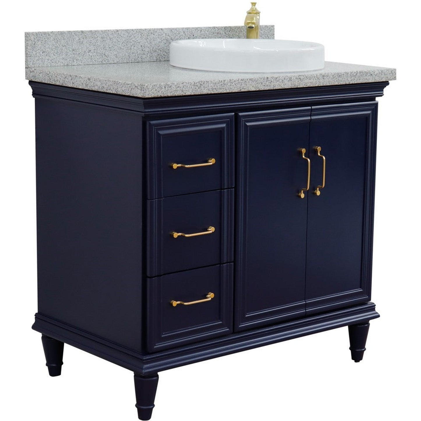 Bellaterra Home Forli 37" 2-Door 3-Drawer Blue Freestanding Vanity Set With Ceramic Right Offset Vessel Sink and Gray Granite Top, and Right Door Cabinet