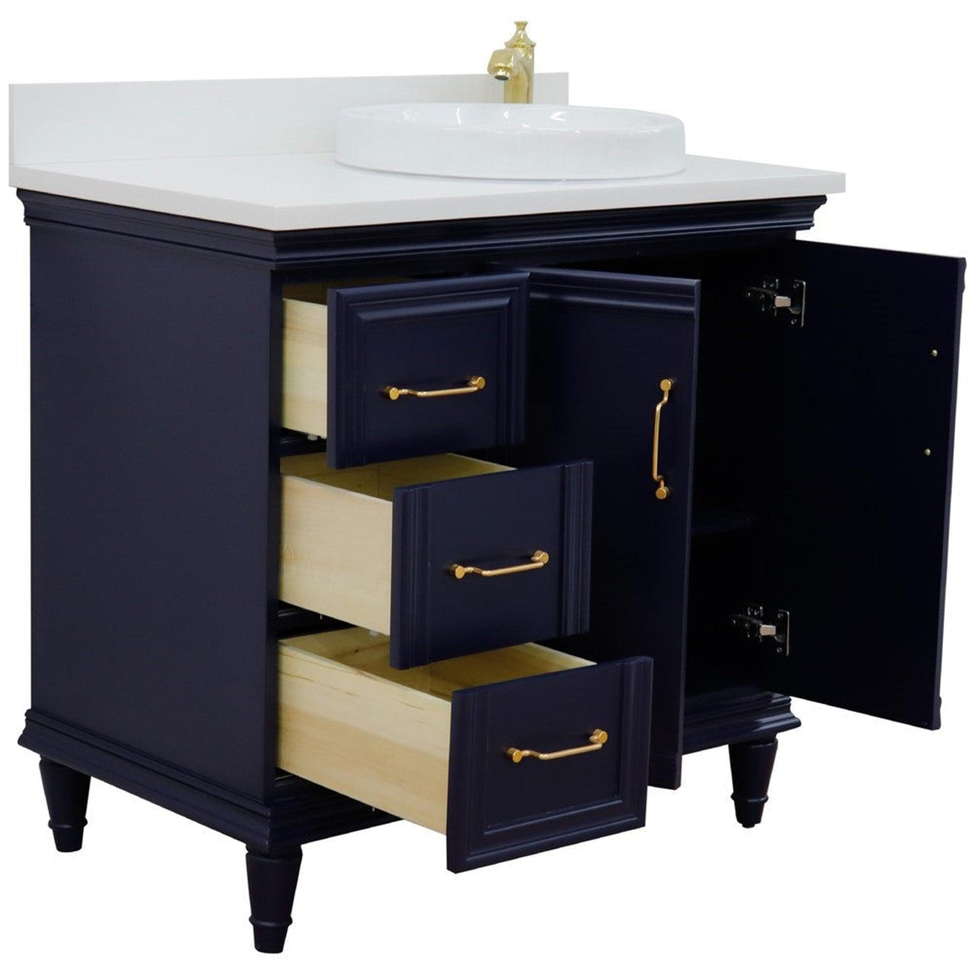 Bellaterra Home Forli 37" 2-Door 3-Drawer Blue Freestanding Vanity Set With Ceramic Right Offset Vessel Sink and White Quartz Top, and Right Door Cabinet