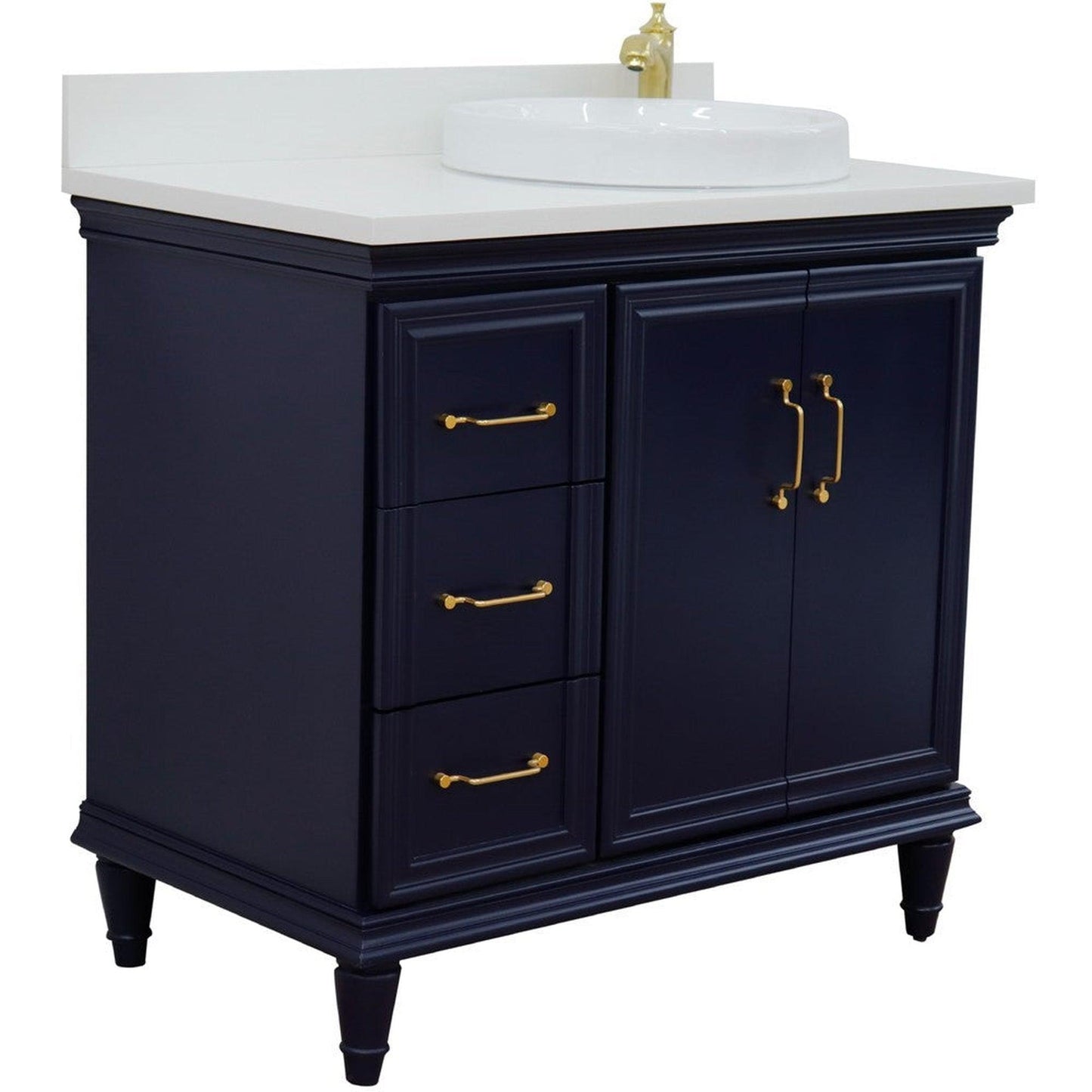 Bellaterra Home Forli 37" 2-Door 3-Drawer Blue Freestanding Vanity Set With Ceramic Right Offset Vessel Sink and White Quartz Top, and Right Door Cabinet