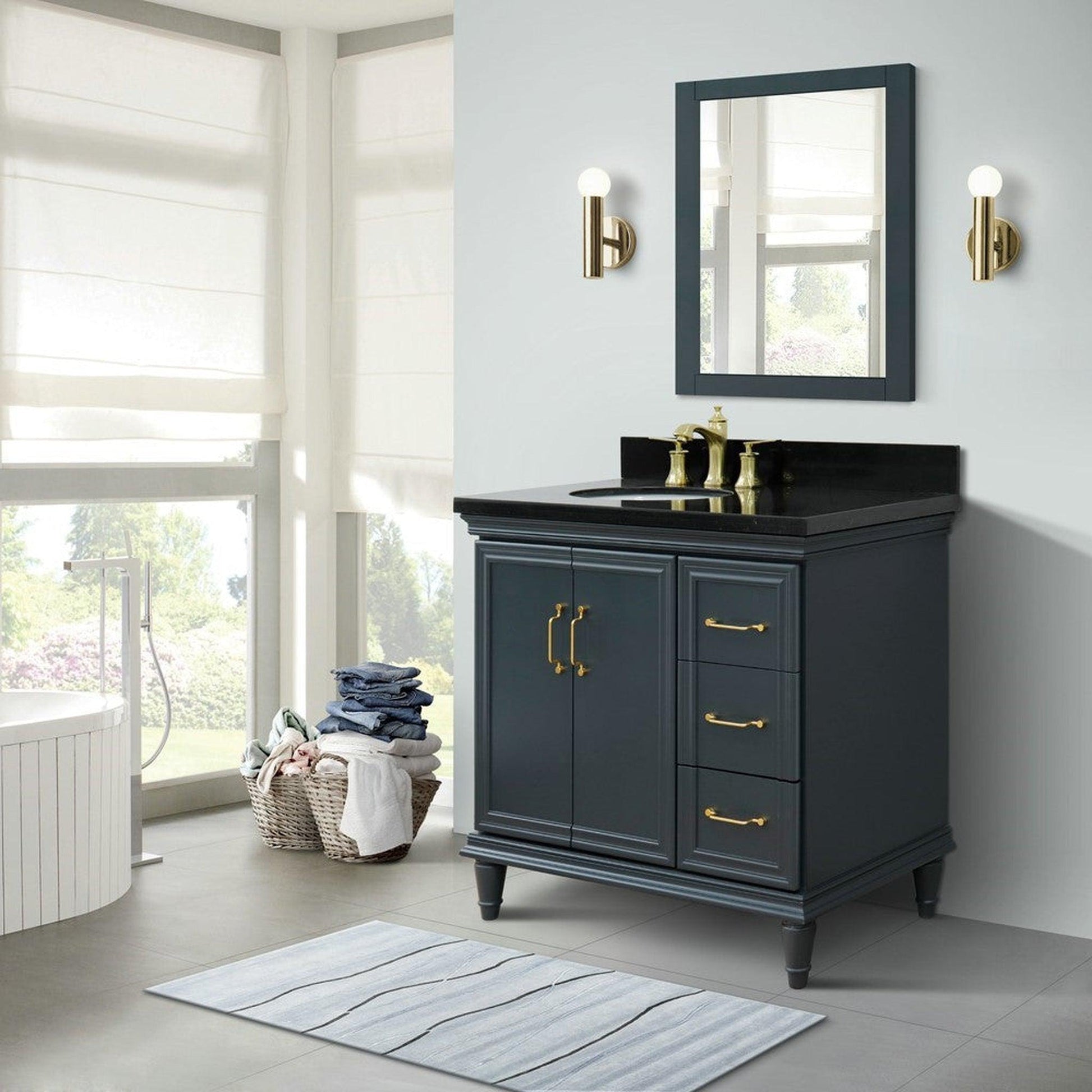 Bellaterra Home Forli 37" 2-Door 3-Drawer Dark Gray Freestanding Vanity Set With Ceramic Left Offset Undermount Oval Sink and Black Galaxy Granite Top, and Left Door Cabinet