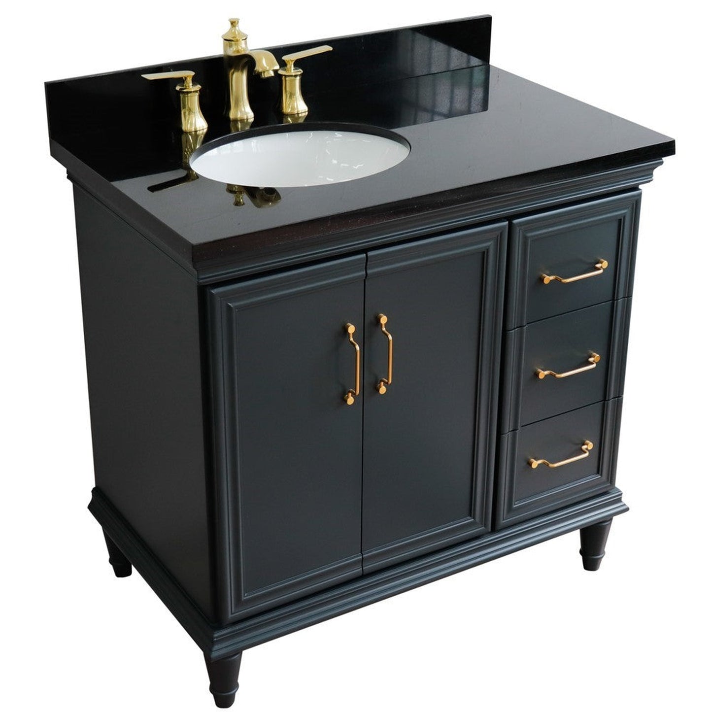 Bellaterra Home Forli 37" 2-Door 3-Drawer Dark Gray Freestanding Vanity Set With Ceramic Left Offset Undermount Oval Sink and Black Galaxy Granite Top, and Left Door Cabinet