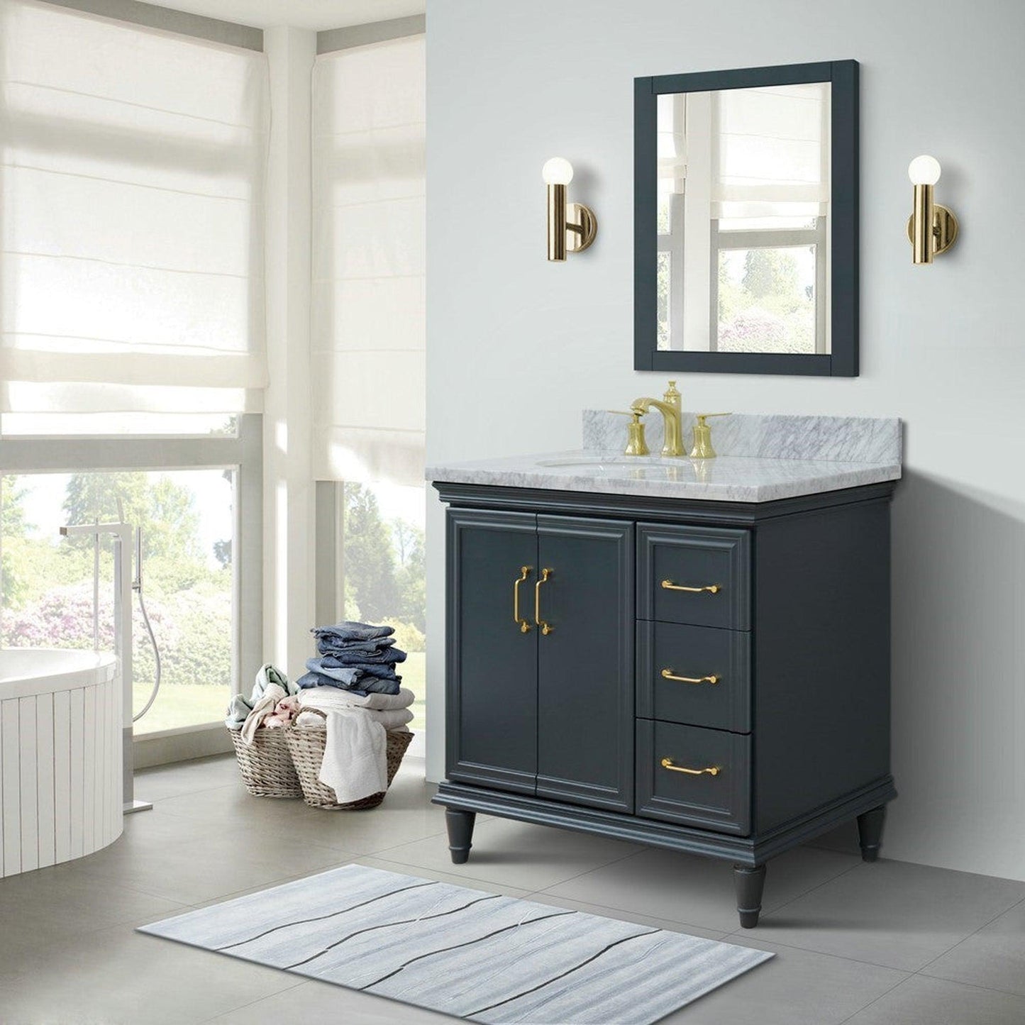 Bellaterra Home Forli 37" 2-Door 3-Drawer Dark Gray Freestanding Vanity Set With Ceramic Left Offset Undermount Oval Sink and White Carrara Marble Top, and Left Door Cabinet