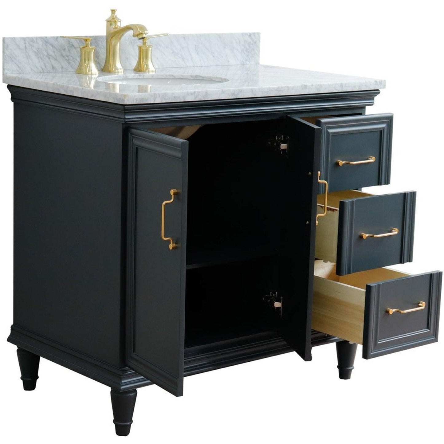 Bellaterra Home Forli 37" 2-Door 3-Drawer Dark Gray Freestanding Vanity Set With Ceramic Left Offset Undermount Oval Sink and White Carrara Marble Top, and Left Door Cabinet