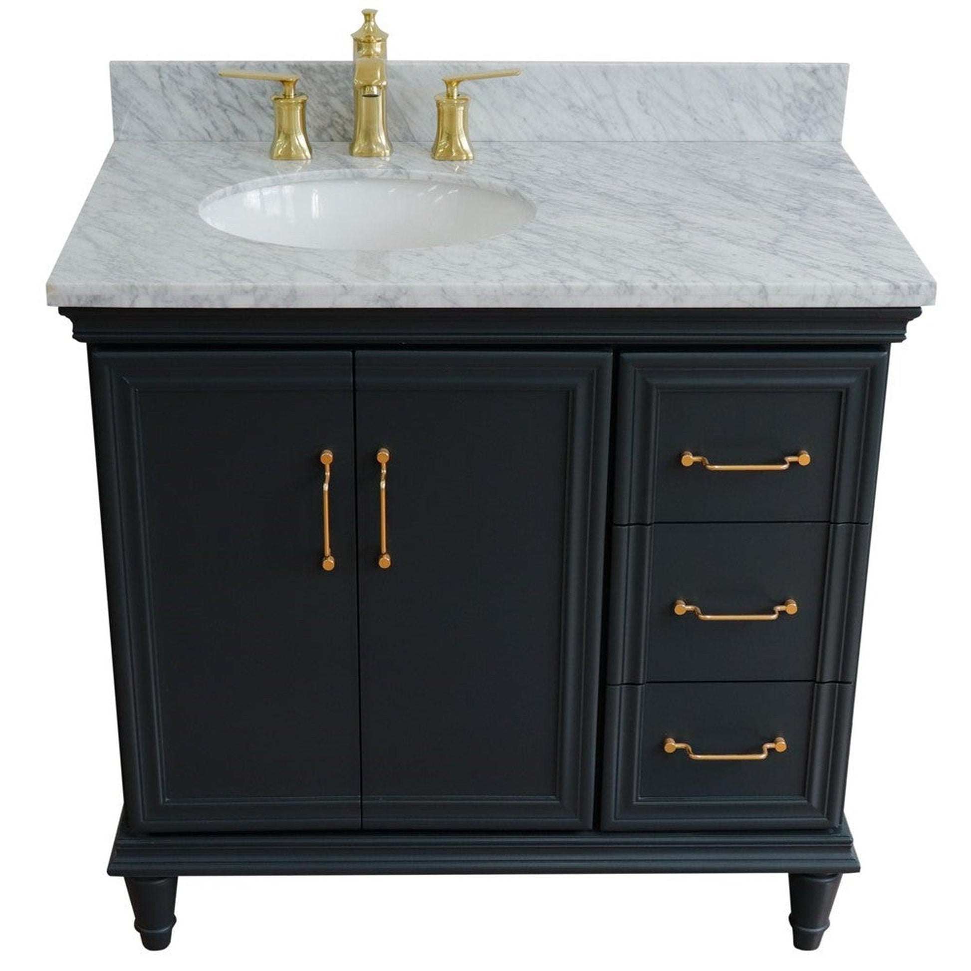 Bellaterra Home Forli 37" 2-Door 3-Drawer Dark Gray Freestanding Vanity Set With Ceramic Left Offset Undermount Oval Sink and White Carrara Marble Top, and Left Door Cabinet