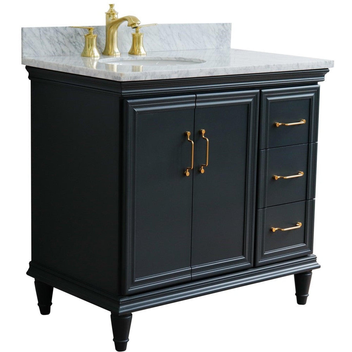 Bellaterra Home Forli 37" 2-Door 3-Drawer Dark Gray Freestanding Vanity Set With Ceramic Left Offset Undermount Oval Sink and White Carrara Marble Top, and Left Door Cabinet