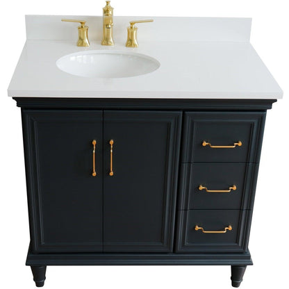 Bellaterra Home Forli 37" 2-Door 3-Drawer Dark Gray Freestanding Vanity Set With Ceramic Left Offset Undermount Oval Sink and White Quartz Top, and Left Door Cabinet