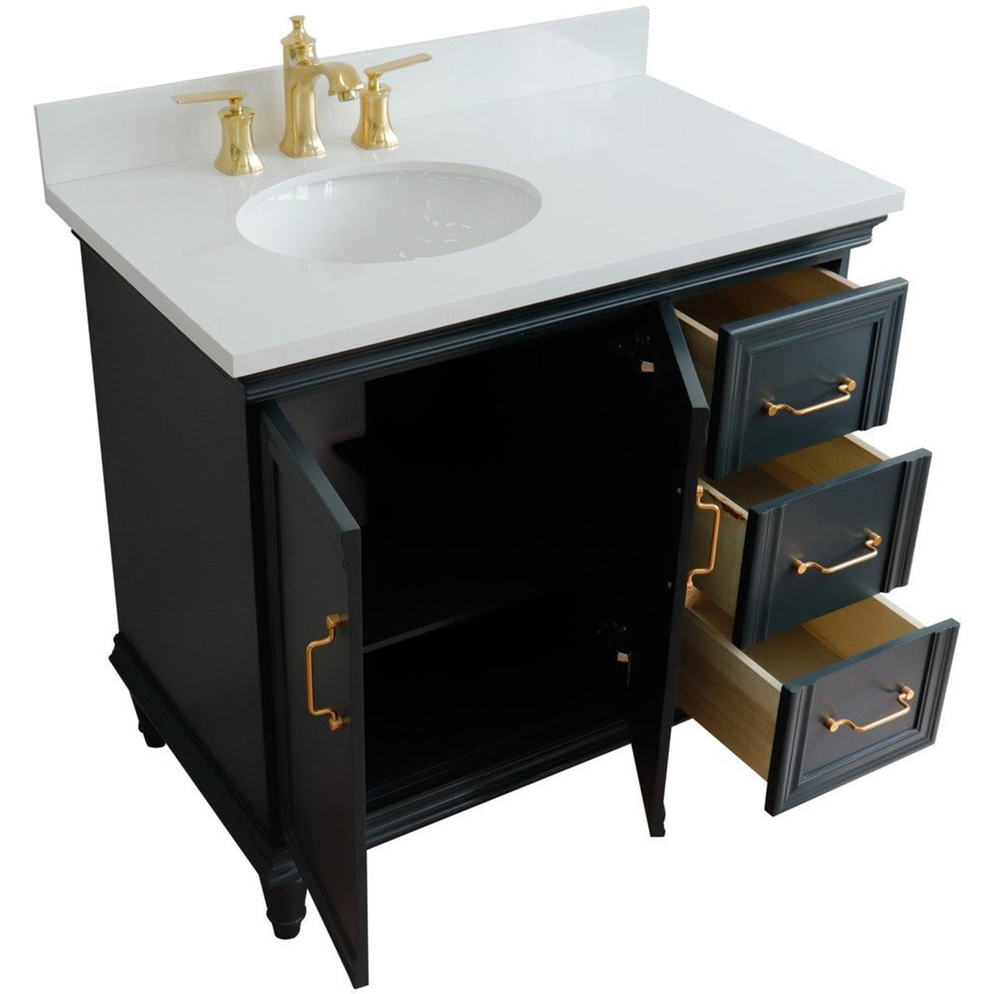 Bellaterra Home Forli 37" 2-Door 3-Drawer Dark Gray Freestanding Vanity Set With Ceramic Left Offset Undermount Oval Sink and White Quartz Top, and Left Door Cabinet