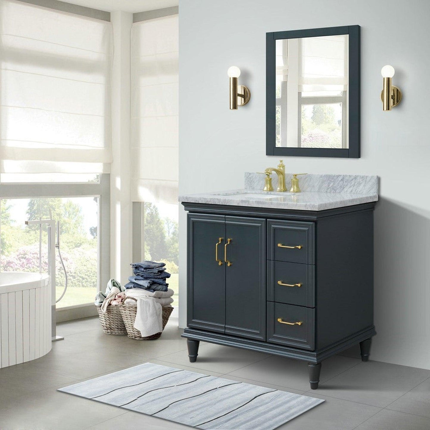 Bellaterra Home Forli 37" 2-Door 3-Drawer Dark Gray Freestanding Vanity Set With Ceramic Left Offset Undermount Rectangular Sink and White Carrara Marble Top, and Left Door Cabinet