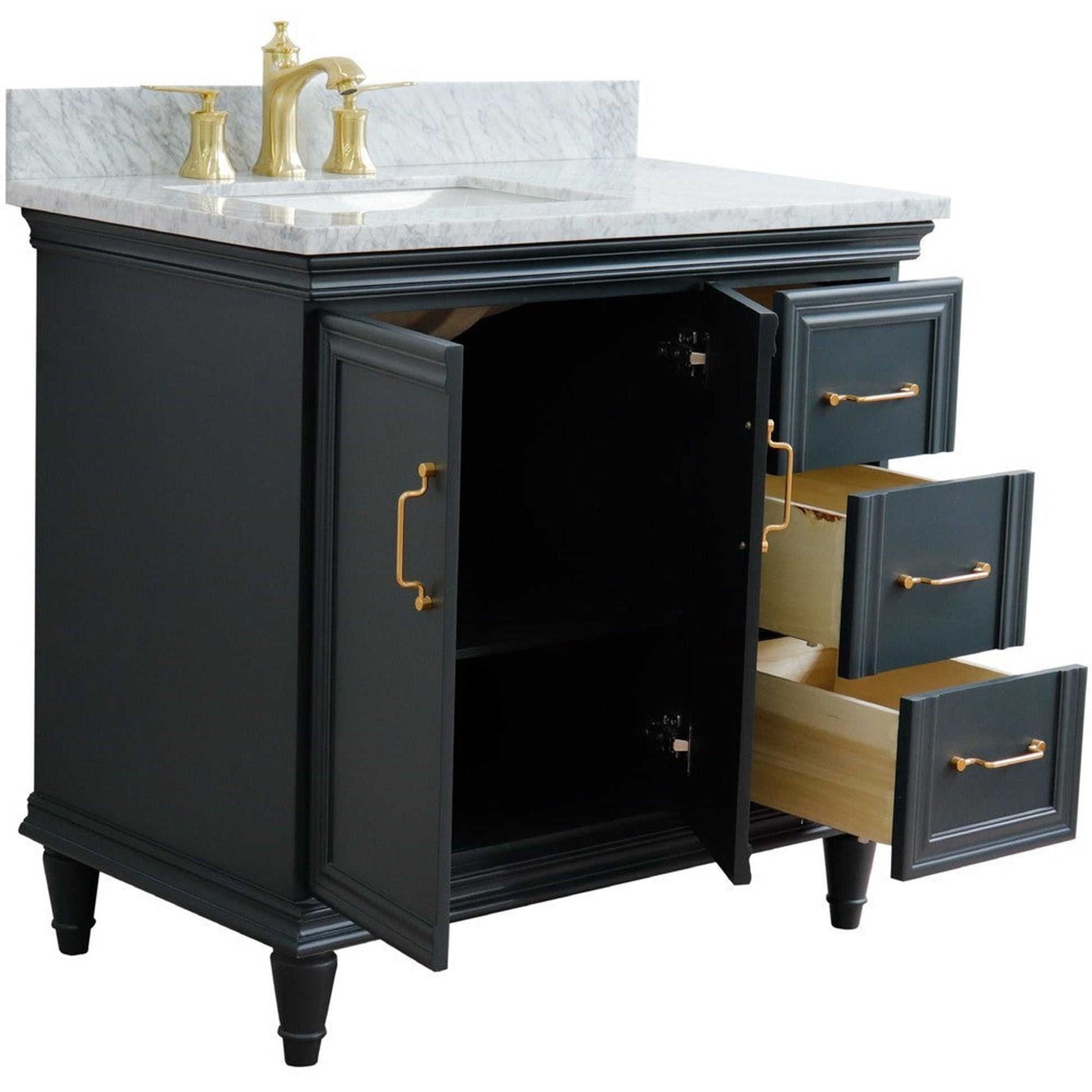 Bellaterra Home Forli 37" 2-Door 3-Drawer Dark Gray Freestanding Vanity Set With Ceramic Left Offset Undermount Rectangular Sink and White Carrara Marble Top, and Left Door Cabinet