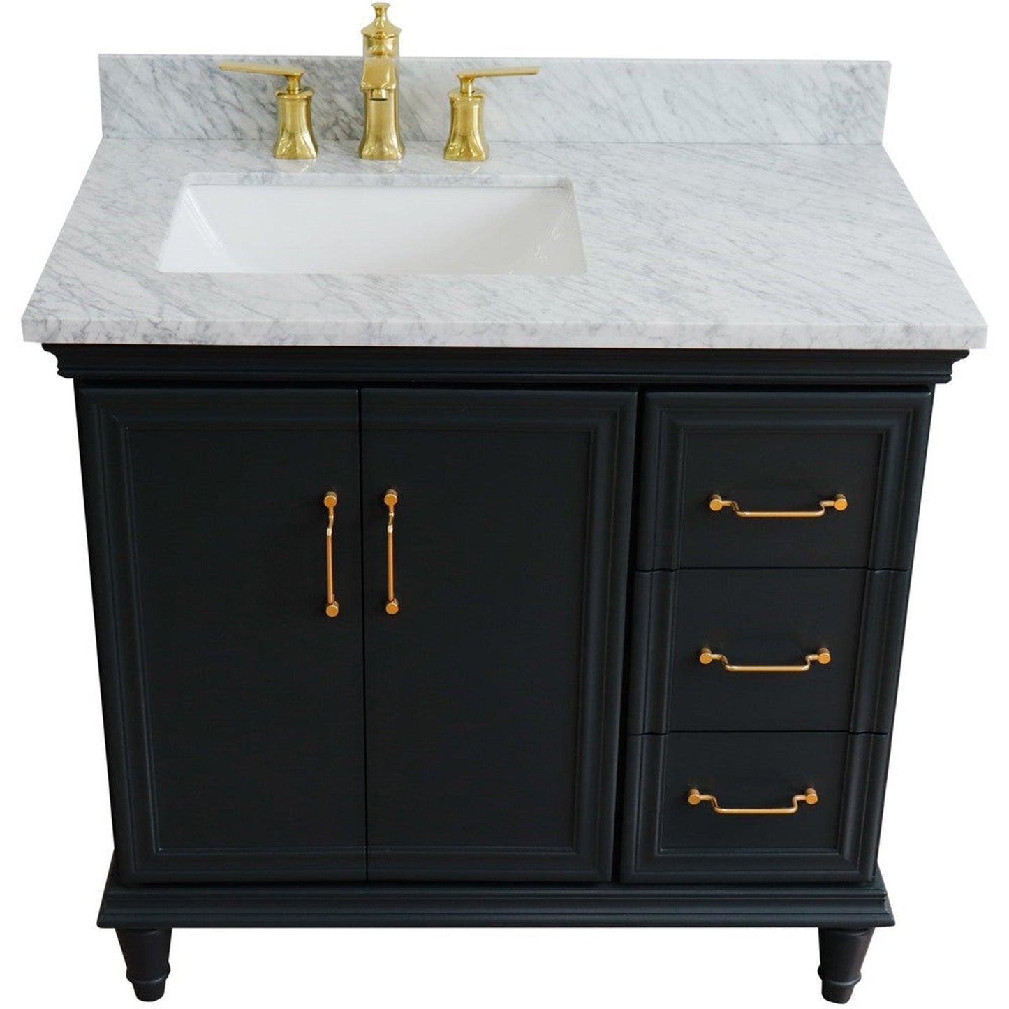 Bellaterra Home Forli 37" 2-Door 3-Drawer Dark Gray Freestanding Vanity Set With Ceramic Left Offset Undermount Rectangular Sink and White Carrara Marble Top, and Left Door Cabinet