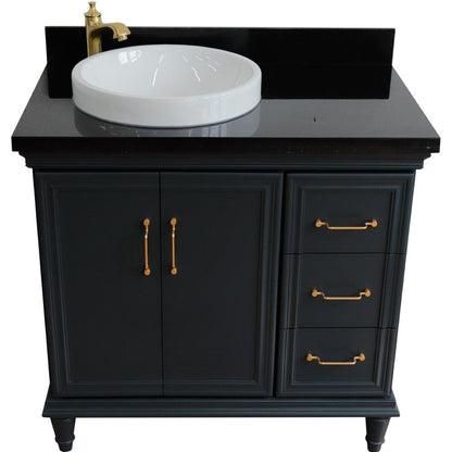 Bellaterra Home Forli 37" 2-Door 3-Drawer Dark Gray Freestanding Vanity Set With Ceramic Left Offset Vessel Sink and Black Galaxy Granite Top, and Left Door Cabinet