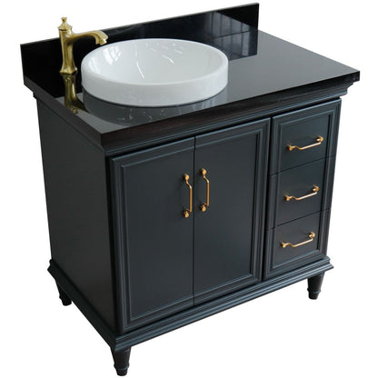 Bellaterra Home Forli 37" 2-Door 3-Drawer Dark Gray Freestanding Vanity Set With Ceramic Left Offset Vessel Sink and Black Galaxy Granite Top, and Left Door Cabinet