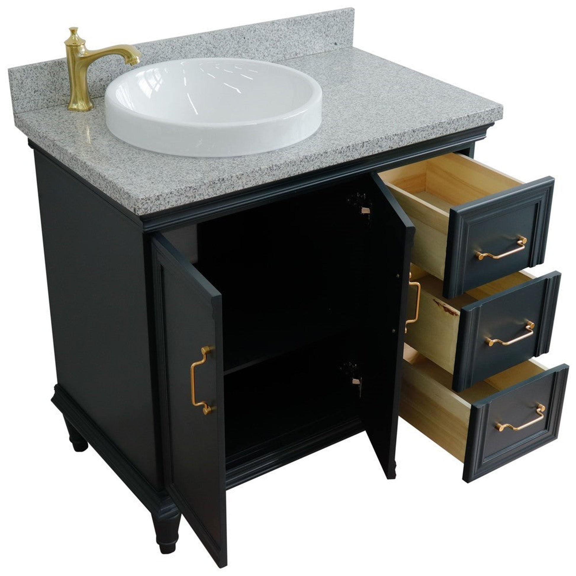 Bellaterra Home Forli 37" 2-Door 3-Drawer Dark Gray Freestanding Vanity Set With Ceramic Left Offset Vessel Sink and Gray Granite Top, and Left Door Cabinet