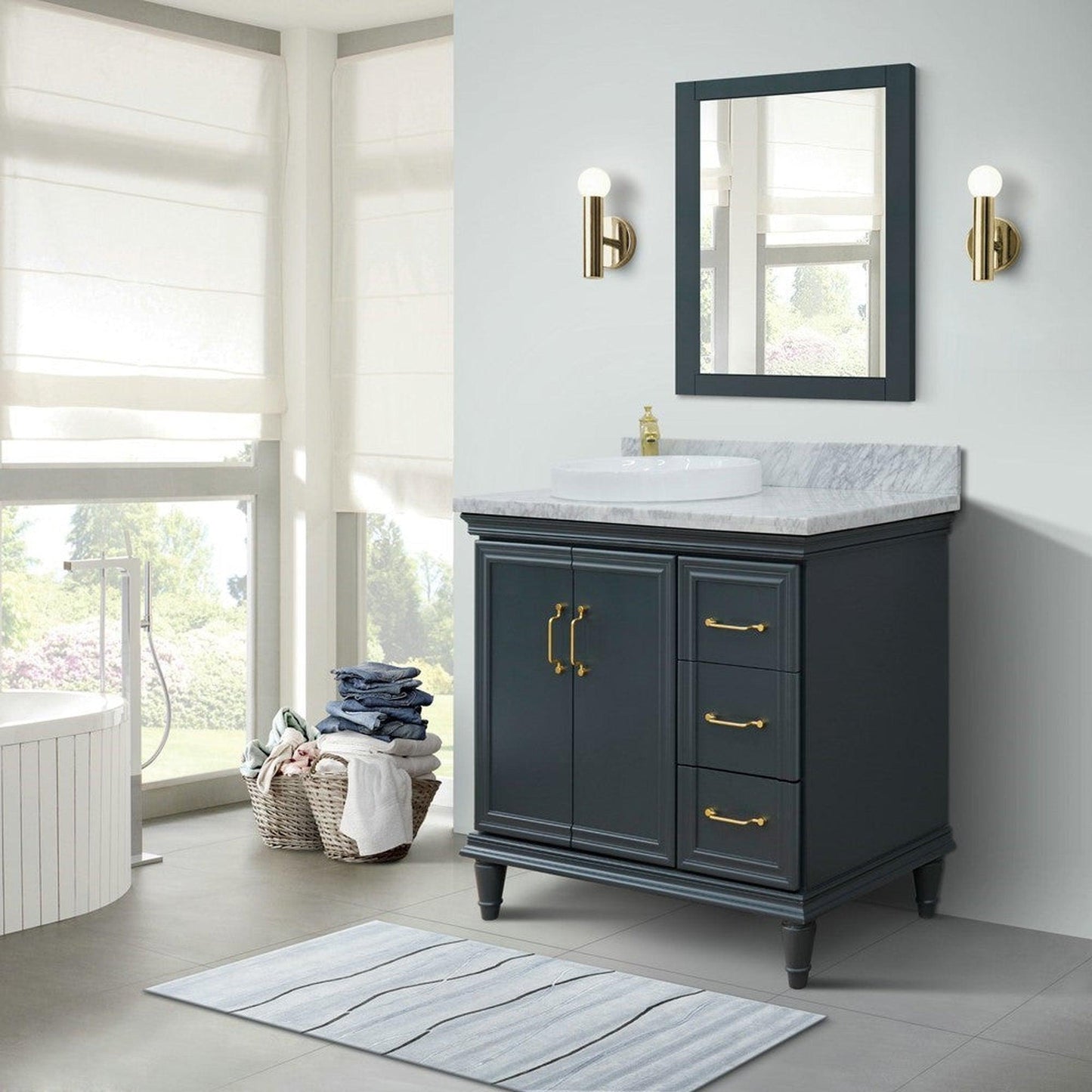 Bellaterra Home Forli 37" 2-Door 3-Drawer Dark Gray Freestanding Vanity Set With Ceramic Left Offset Vessel Sink and White Carrara Marble Top, and Left Door Cabinet