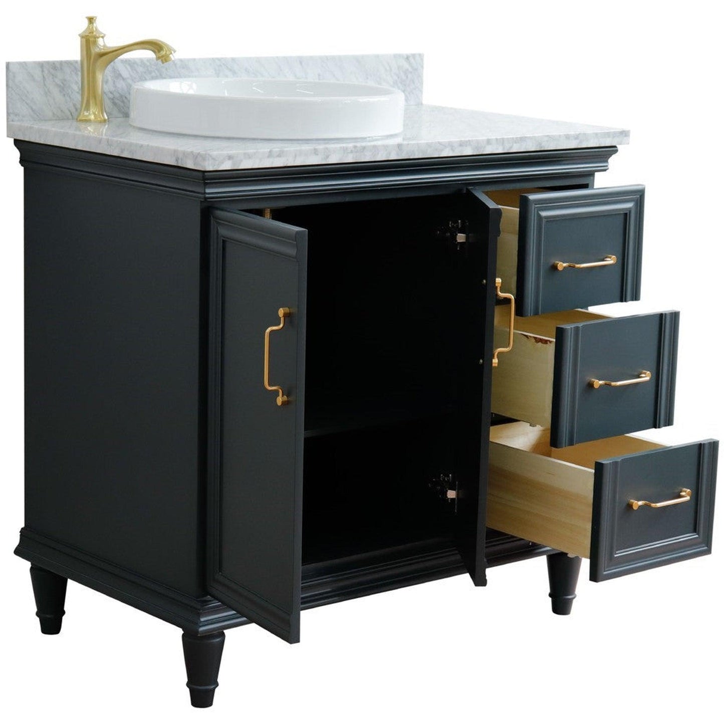 Bellaterra Home Forli 37" 2-Door 3-Drawer Dark Gray Freestanding Vanity Set With Ceramic Left Offset Vessel Sink and White Carrara Marble Top, and Left Door Cabinet