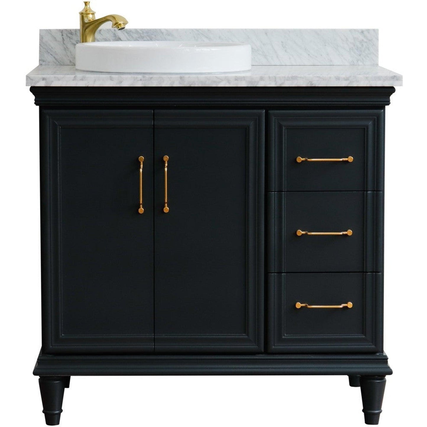 Bellaterra Home Forli 37" 2-Door 3-Drawer Dark Gray Freestanding Vanity Set With Ceramic Left Offset Vessel Sink and White Carrara Marble Top, and Left Door Cabinet