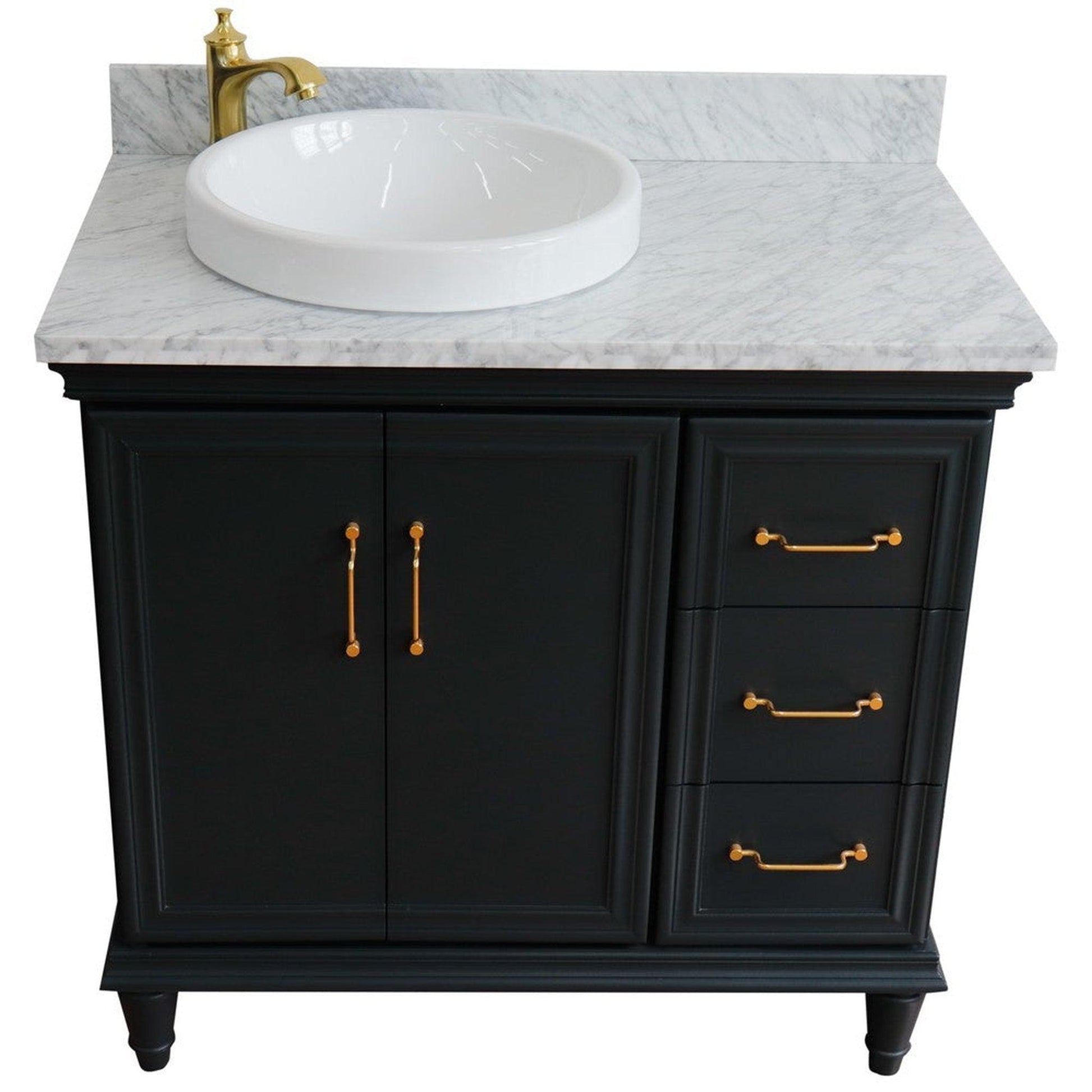 Bellaterra Home Forli 37" 2-Door 3-Drawer Dark Gray Freestanding Vanity Set With Ceramic Left Offset Vessel Sink and White Carrara Marble Top, and Left Door Cabinet