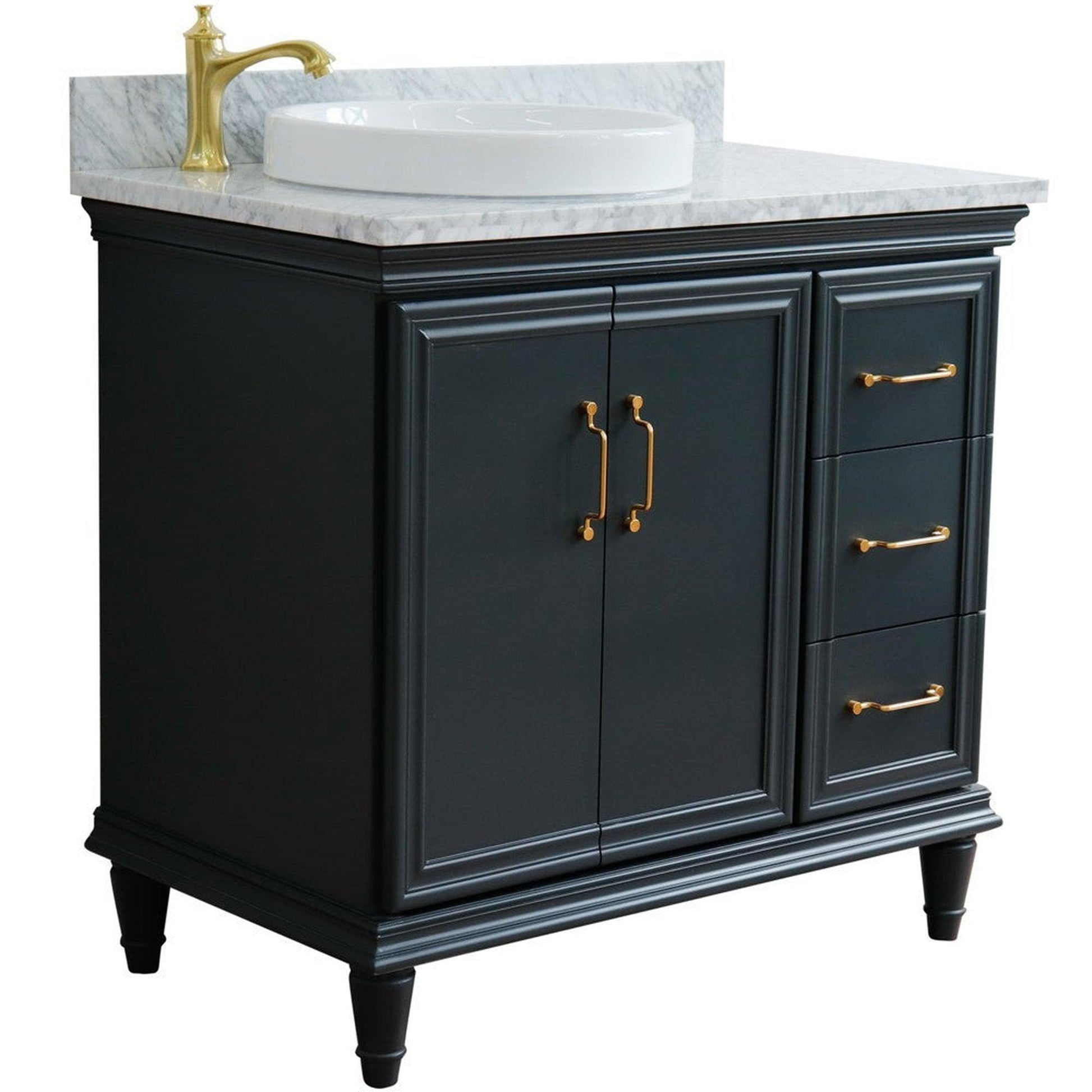 Bellaterra Home Forli 37" 2-Door 3-Drawer Dark Gray Freestanding Vanity Set With Ceramic Left Offset Vessel Sink and White Carrara Marble Top, and Left Door Cabinet