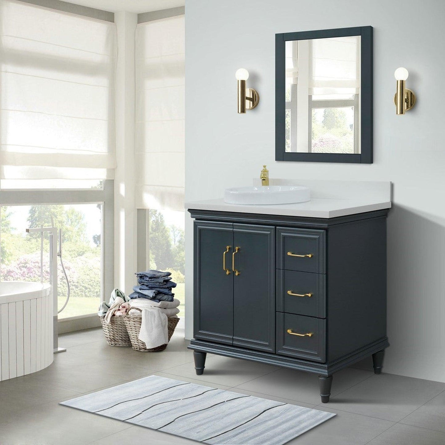 Bellaterra Home Forli 37" 2-Door 3-Drawer Dark Gray Freestanding Vanity Set With Ceramic Left Offset Vessel Sink and White Quartz Top, and Left Door Cabinet