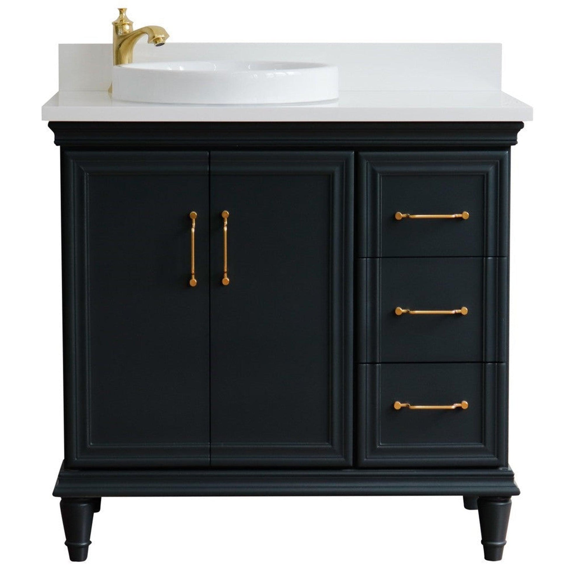 Bellaterra Home Forli 37" 2-Door 3-Drawer Dark Gray Freestanding Vanity Set With Ceramic Left Offset Vessel Sink and White Quartz Top, and Left Door Cabinet