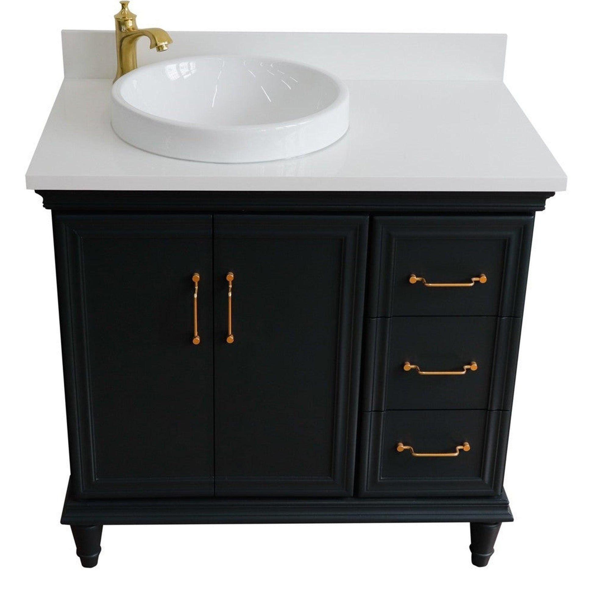 Bellaterra Home Forli 37" 2-Door 3-Drawer Dark Gray Freestanding Vanity Set With Ceramic Left Offset Vessel Sink and White Quartz Top, and Left Door Cabinet