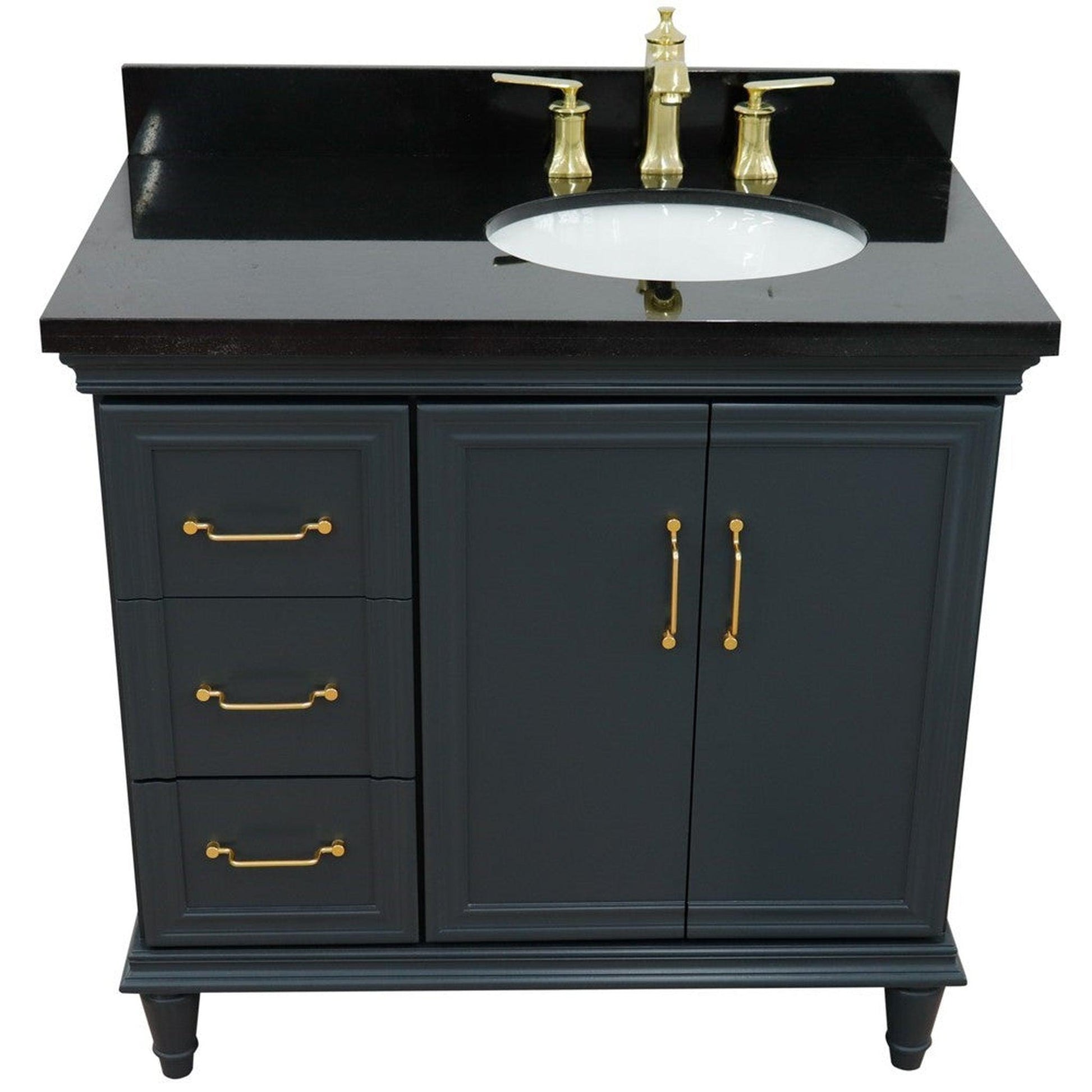 Bellaterra Home Forli 37" 2-Door 3-Drawer Dark Gray Freestanding Vanity Set With Ceramic Right Offset Undermount Oval Sink and Black Galaxy Granite Top, and Right Door Cabinet