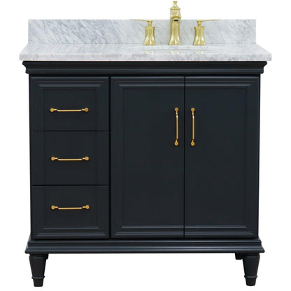 Bellaterra Home Forli 37" 2-Door 3-Drawer Dark Gray Freestanding Vanity Set With Ceramic Right Offset Undermount Oval Sink and White Carrara Marble Top, and Right Door Cabinet
