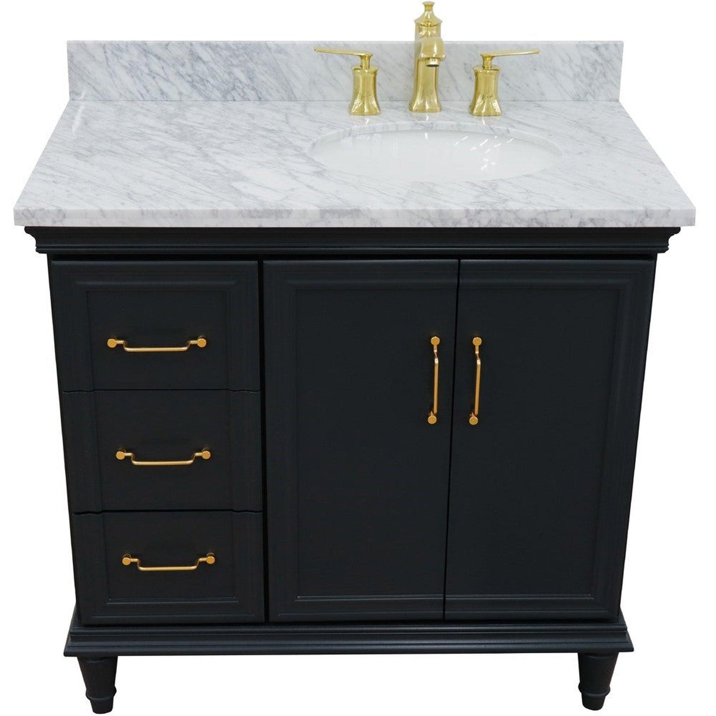 Bellaterra Home Forli 37" 2-Door 3-Drawer Dark Gray Freestanding Vanity Set With Ceramic Right Offset Undermount Oval Sink and White Carrara Marble Top, and Right Door Cabinet