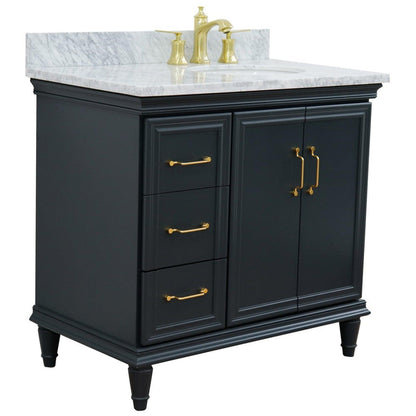Bellaterra Home Forli 37" 2-Door 3-Drawer Dark Gray Freestanding Vanity Set With Ceramic Right Offset Undermount Oval Sink and White Carrara Marble Top, and Right Door Cabinet
