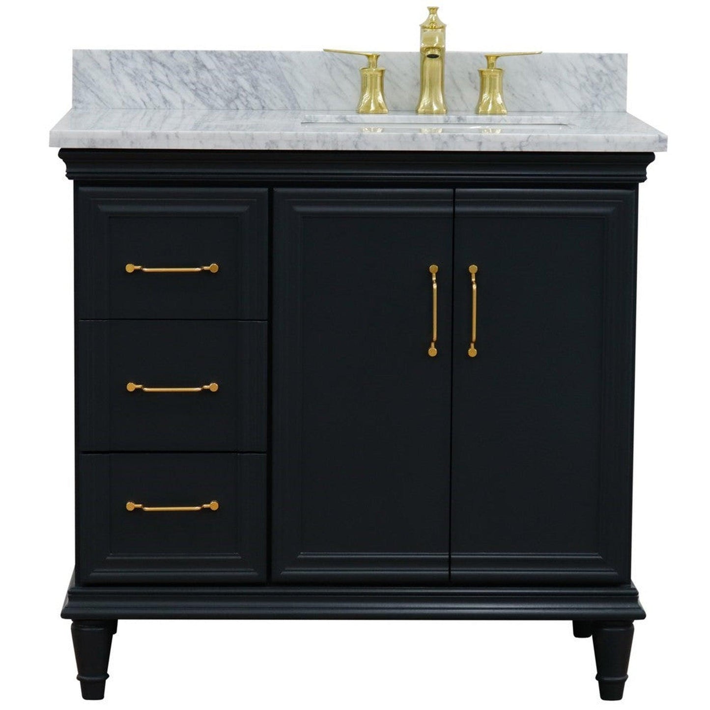 Bellaterra Home Forli 37" 2-Door 3-Drawer Dark Gray Freestanding Vanity Set With Ceramic Right Offset Undermount Rectangular Sink and White Carrara Marble Top, and Right Door Cabinet