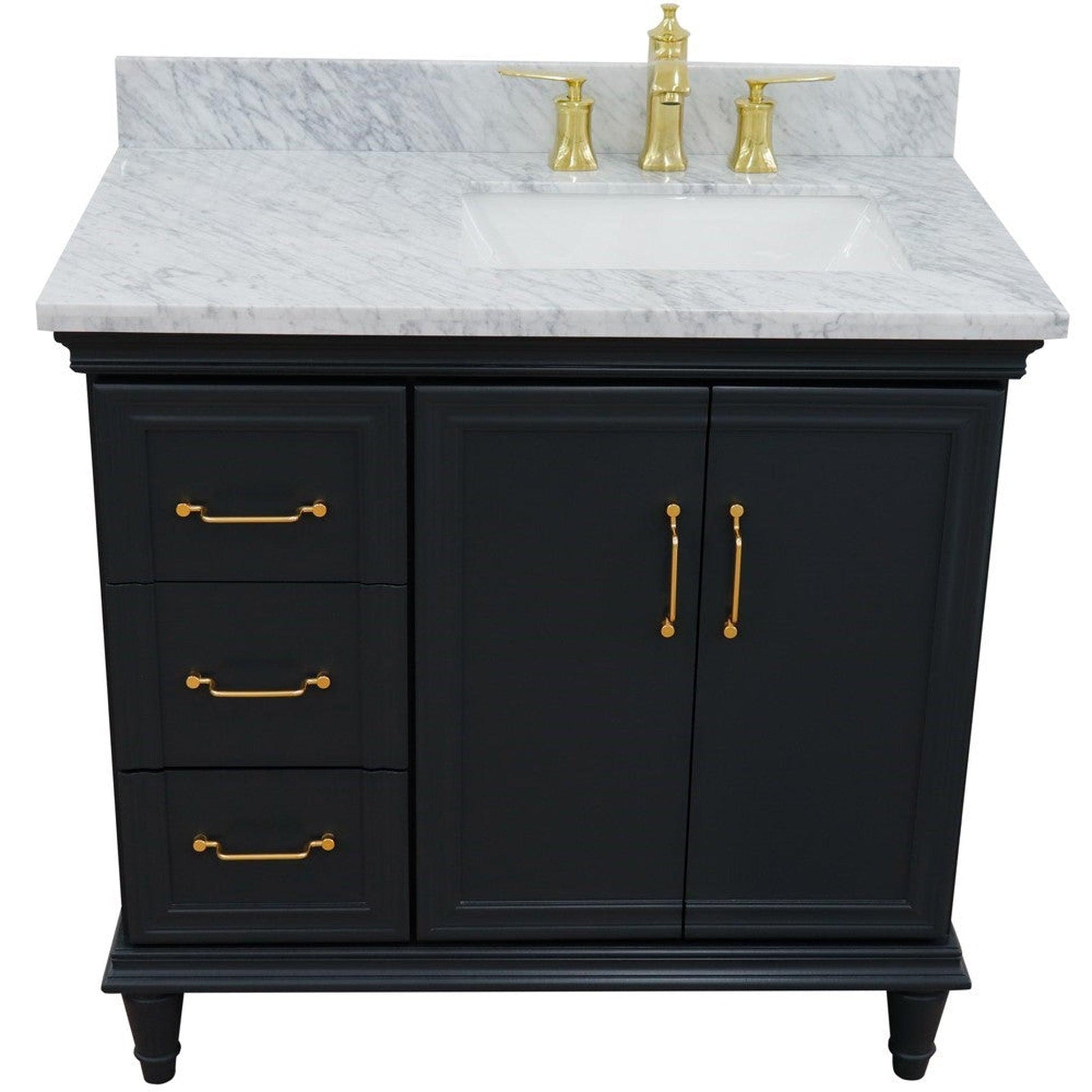 Bellaterra Home Forli 37" 2-Door 3-Drawer Dark Gray Freestanding Vanity Set With Ceramic Right Offset Undermount Rectangular Sink and White Carrara Marble Top, and Right Door Cabinet