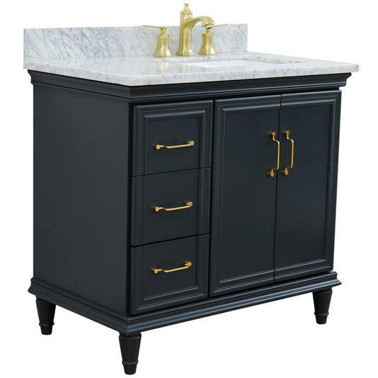 Bellaterra Home Forli 37" 2-Door 3-Drawer Dark Gray Freestanding Vanity Set With Ceramic Right Offset Undermount Rectangular Sink and White Carrara Marble Top, and Right Door Cabinet